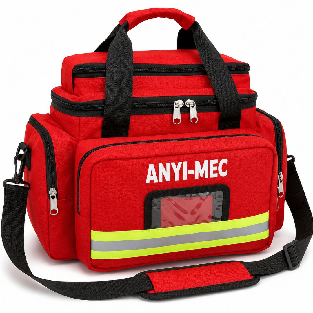 Red Emergency Medical Bag with Reflective Strip and Multiple Compartments